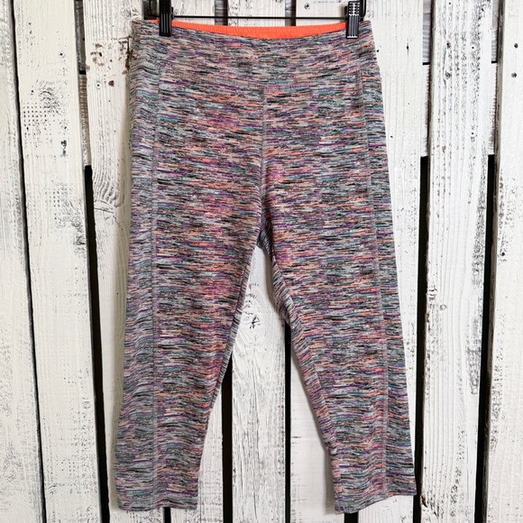 Take A Walk Athletic Leggings Neon Multicolor Yoga Gym Run Size Medium Mid Calf - Picture 1 of 9